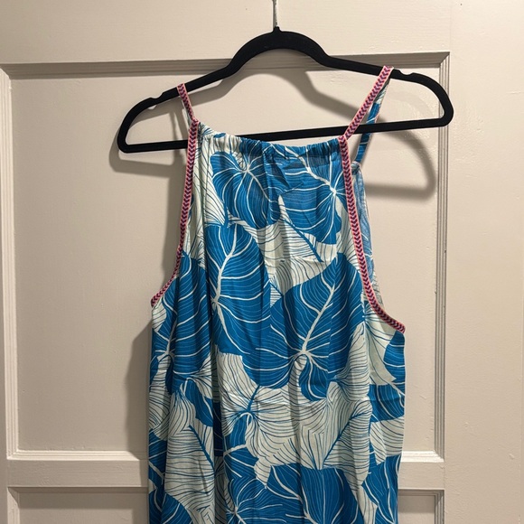 Blue Leaf Print Dress with Pink Trim - Picture 3 of 5